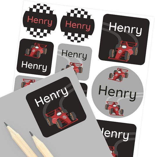 Camp Name Labels for Kids (33) – Personalized Stickers & Daycare Labels – Waterproof for Water Bottles, Lunch Boxes & School - Race Car