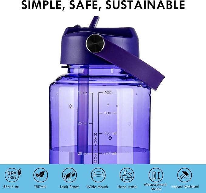OLDLEY 32 oz Clear Water Bottle with Straw,Tritan BPA-Free, Wide Mouth, Leak Proof - for Gym, Travel, Home, School, Office (Deep Purple)