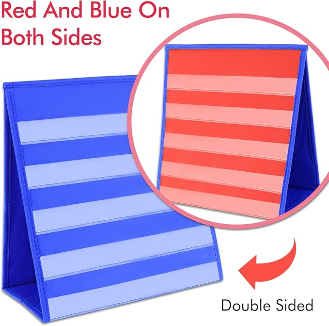 Tabletop Pocket Chart for Classroom, Small Double Sided Pocket Chart for Kids Learning at Home (Red-Blue)