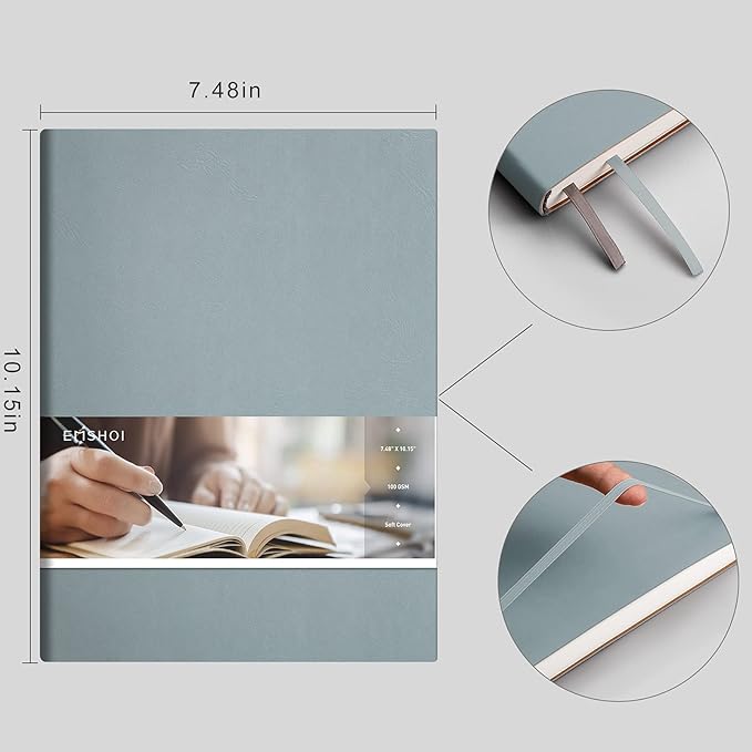 EMSHOI Dotted Journal Dot Notebook, B5 Large Softcover Leather Journal, 192 Numbered Pages 100gsm Thick Dot Grid Notebook for Bullet Journaling Drawing, 7.48"x10.15"-GrayBlue