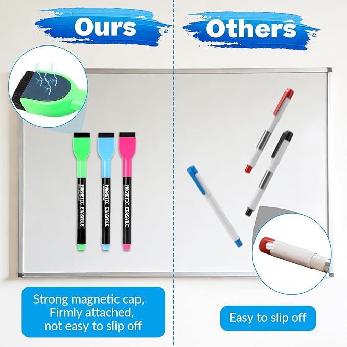 12 Pcs Magnetic Dry Erase Markers, Colorful Fine Tip Whiteboard Markers with Erasers, Thin Low Odor Dry Erase Marker Set for White Board Fridge Calendar Office Home