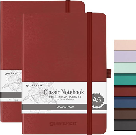 2Pack Lined Hardcover Journal Notebook, A5 192 Pages 100Gsm Thick Paper College Ruled for School,Note Taking,Work,Diary，5.7''*8.3'',Burgundy