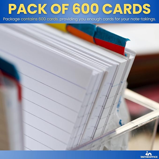 1InTheOffice Index Cards 3x5, Ruled Lined Flashcards Notecards, Study Cards, White, (600 Pack)