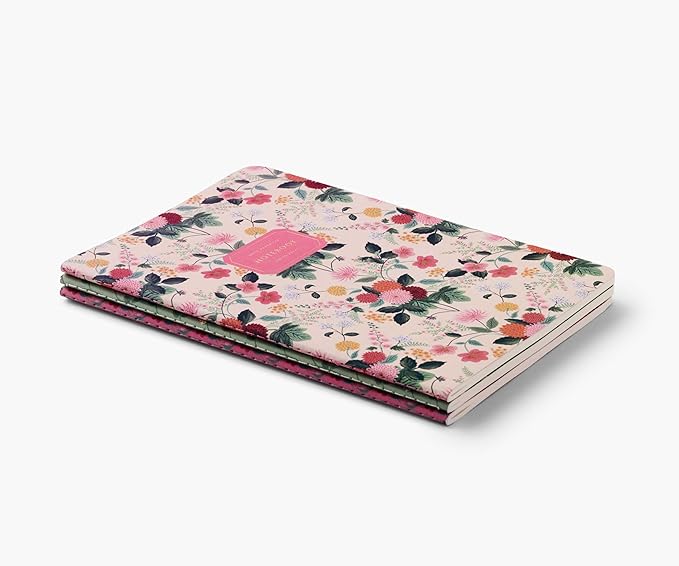 RIFLE PAPER CO. Dahlia Stitched Notebook Set, Assorted Set of 3 Notebooks, 64 Ruled Pages including Gold Ink, Full Color Canvas Cover with White Text Paper Interior, Lay-Flat Binding