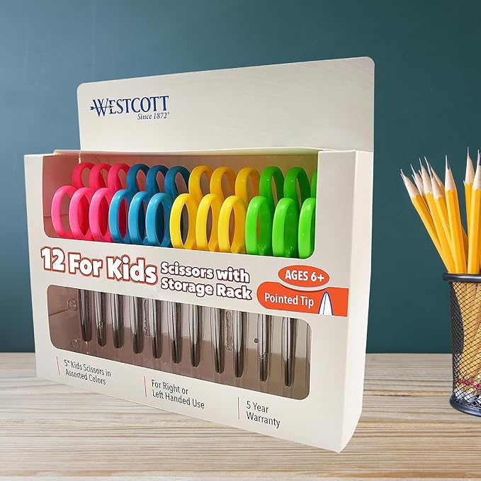 Westcott Right & Left-Handed Scissors For Kids - Back to School Essentials, Classroom Must Haves, Art Supplies - 5-Inch Pointed Safety Scissors - Assorted Colors - 12 Pack (ACM13141)