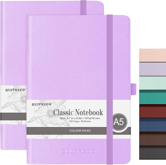 2Pack Lined Hardcover Journal Notebook, A5 192 Pages 100Gsm Thick Paper College Ruled for School,Note Taking,Work,Diary，5.7''*8.3'',Lavender