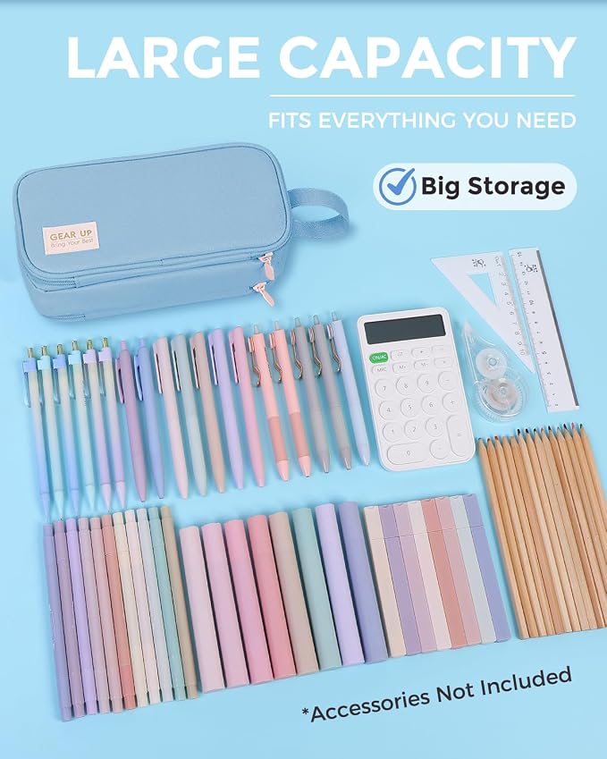 SKYDUE Large Capacity Pencil Case with Handle, 3 Compartment Canvas Pencil Pouch, Cute Soft Color Pencil Bag for Pens, Markers, Aesthetic Stationery and Organizer for Teen Girls Adult, Light Blue