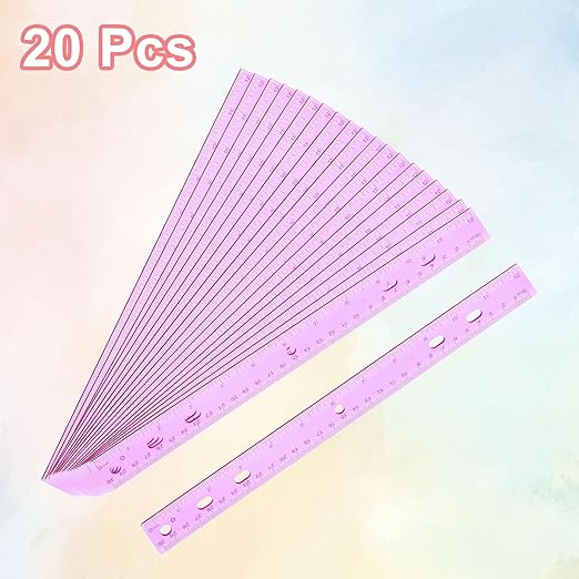 HARFINGTON 20pcs Plastic Rulers 12" (30cm) Clear Straight Ruler Measuring Tool Inches and Centimeters with Hole for Home Office Classrooms Drafting, Clear Purple