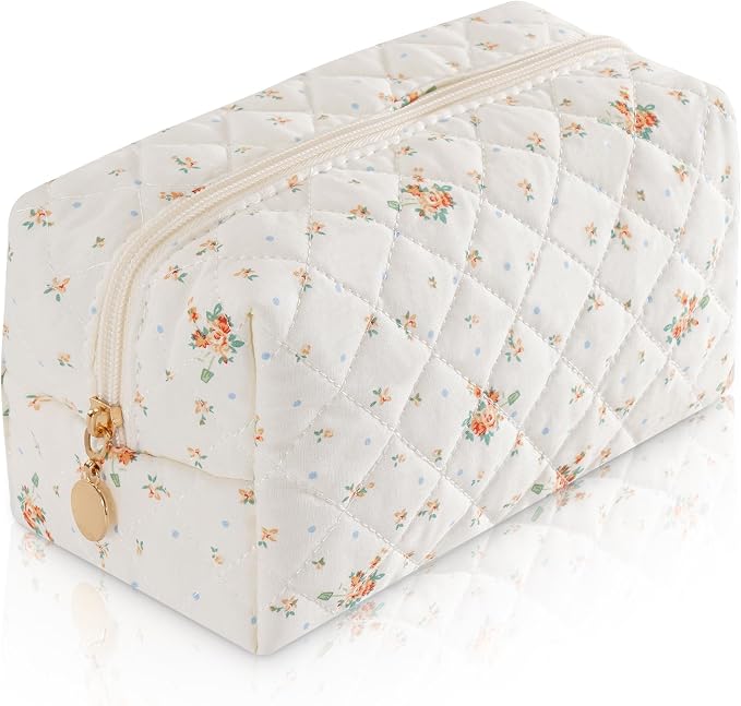 Makeup Bag Travel Toiletry Bag for Women, Small Cosmetic Bags Cute Quilted Cotton Makeup Pouch for Purse Emergency Bag Floral Pencil Case Accessory Bag, Orange Floral