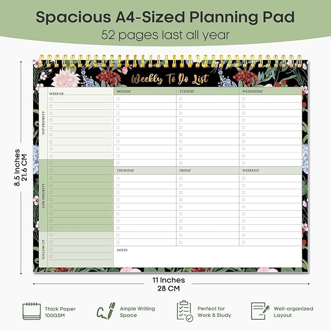 Taja Weekly To Do List Notepad with 52 Undated Sheets（8.5"×11"）- Weekly Desk Planner for Women & Man, Work and Home - 1 Pack Forest Bloom