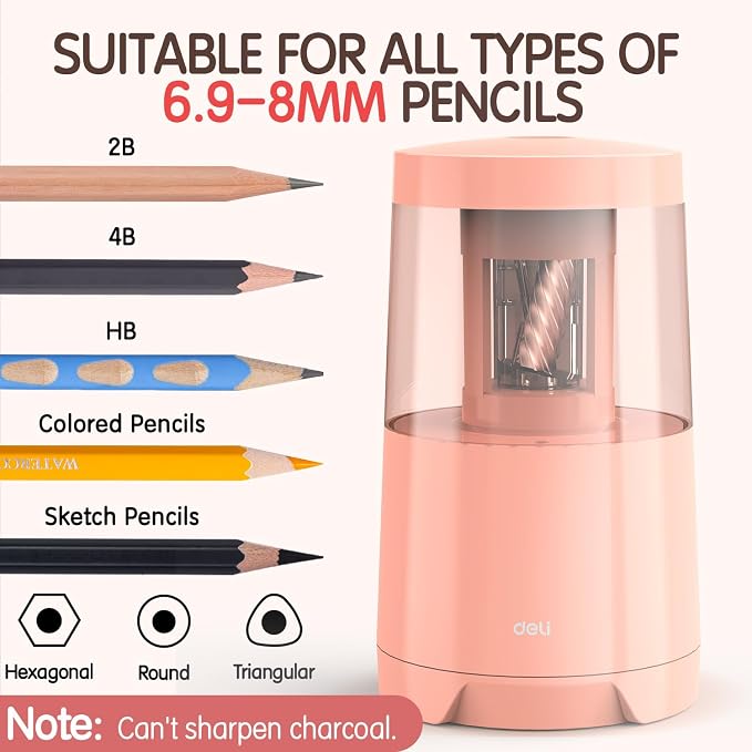 Deli Electric Pencil Sharpener, Automatic Pencil Sharpeners, Pink
