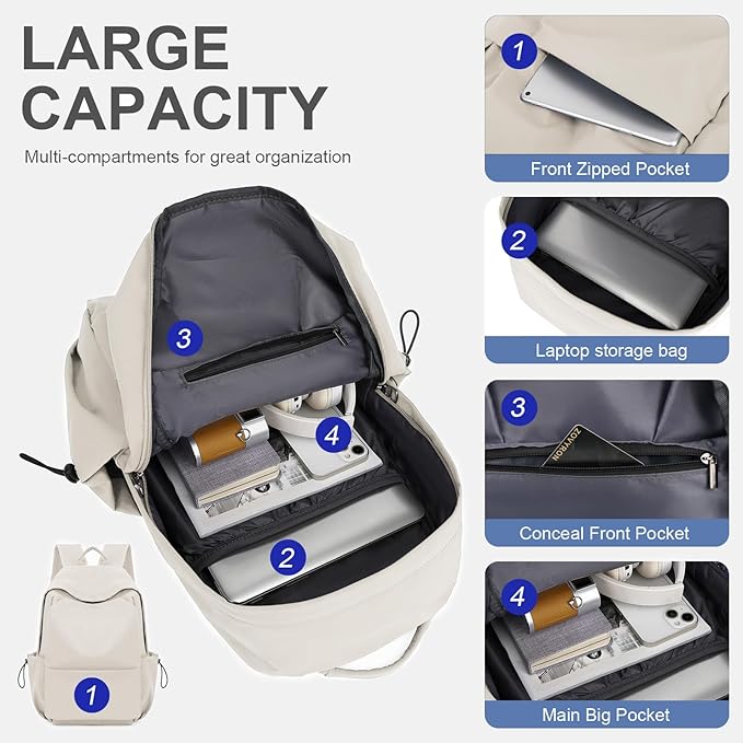 NEOREAL Laptop Backpack for Work, College, Travel, Lightweight Waterproof Daily Backpacks for Men Women, Sport Rucksack Computer Bag Fits 15.6 Inch Notebook, Beige