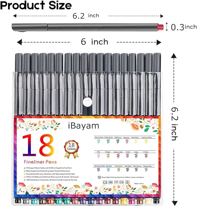 iBayam 18 Colors Fineliner Pens, 0.38mm Fine Tip Journal Planner Markers Office School Supplies for Bullet Journaling Scrapbook Notebook Writing Note Calendar Stationary Adult Coloring Fast-Dry Ink