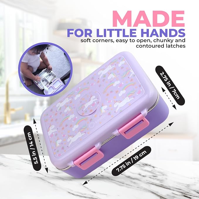 kinsho Small Stainless Steel Lunch Box for Baby Toddlers, Purple Unicorn | Mini Bento, 3 Eco Metal Portion Sections, Leakproof Lid, Spill-Proof, 18 oz Kids Girls Snack Container Pre School Daycare