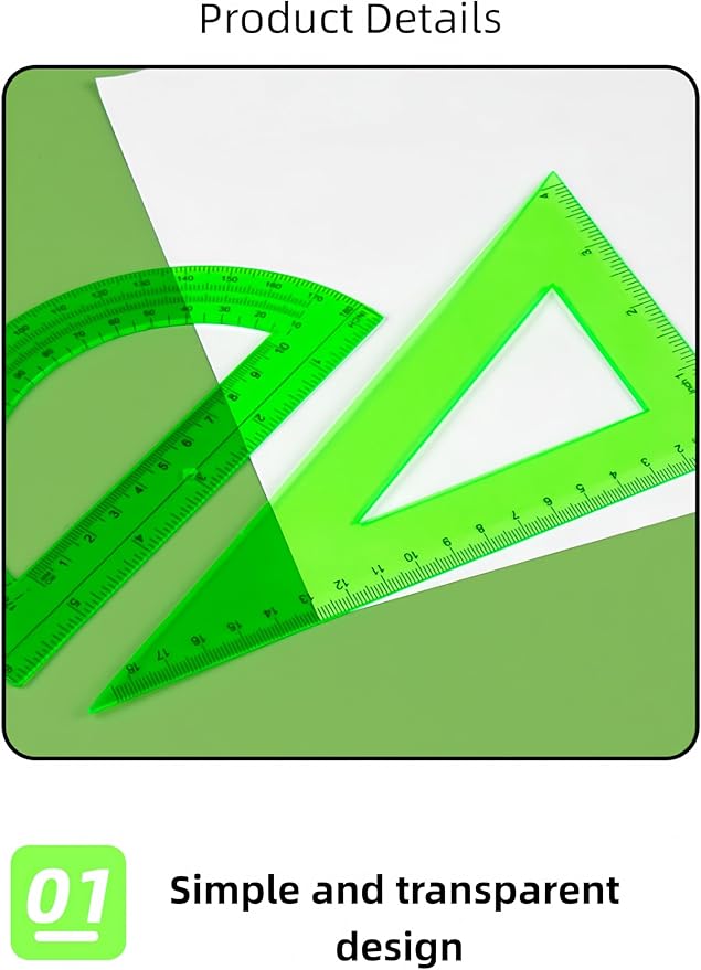 1 Set Clear Math Set, Plastic Protractor Triangle Rulers 12 Inch Straight Geometry, Transparent Measuring Tool for School Office Home Supplies