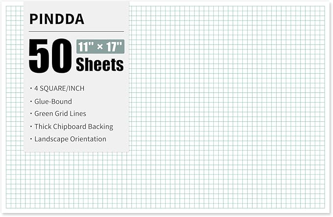 Engineering Graph Paper Pads, 11"x17 "Grid Paper, 4x4 Graph Ruled, 50 Sheets Landscape, Easy-Tear Glue-Bound, 11"x17" Cardboard Backing, for Drafting, Engineering, Architect Designers