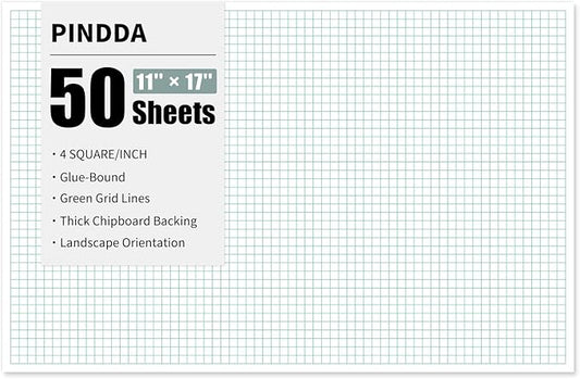 Engineering Graph Paper Pads, 11"x17 "Grid Paper, 4x4 Graph Ruled, 50 Sheets Landscape, Easy-Tear Glue-Bound, 11"x17" Cardboard Backing, for Drafting, Engineering, Architect Designers