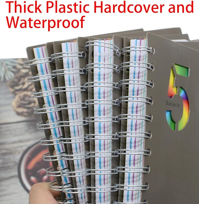 5 Subject Notebook, 4 Pcs 10 Inch x 7 Inch B5 Black Spiral Notebook With Waterproof Plastic Softcover, 300 Pages 80 Gsm College Ruled Papers With 5 Sheets Colorful Movable Dividers (4 Pcs Black)