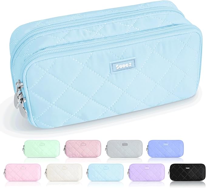 Sooez Large Pencil Case Pouch, Extra Big Pencil Bag with 8 Compartments, Pen Bag Wide Opening, Soft Quilted Pencil Pouch Organizer with Zipper, Portable Pencil Case for Teen Girls, Sky Blue