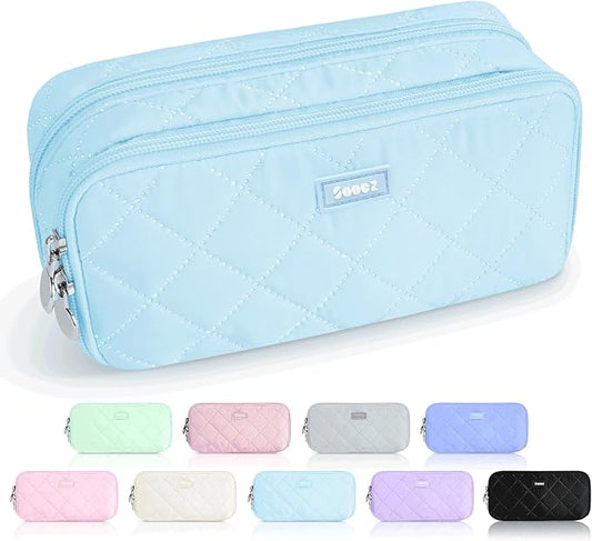 Sooez Large Pencil Case Pouch, Extra Big Pencil Bag with 8 Compartments, Pen Bag Wide Opening, Soft Quilted Pencil Pouch Organizer with Zipper, Portable Pencil Case for Teen Girls, Sky Blue