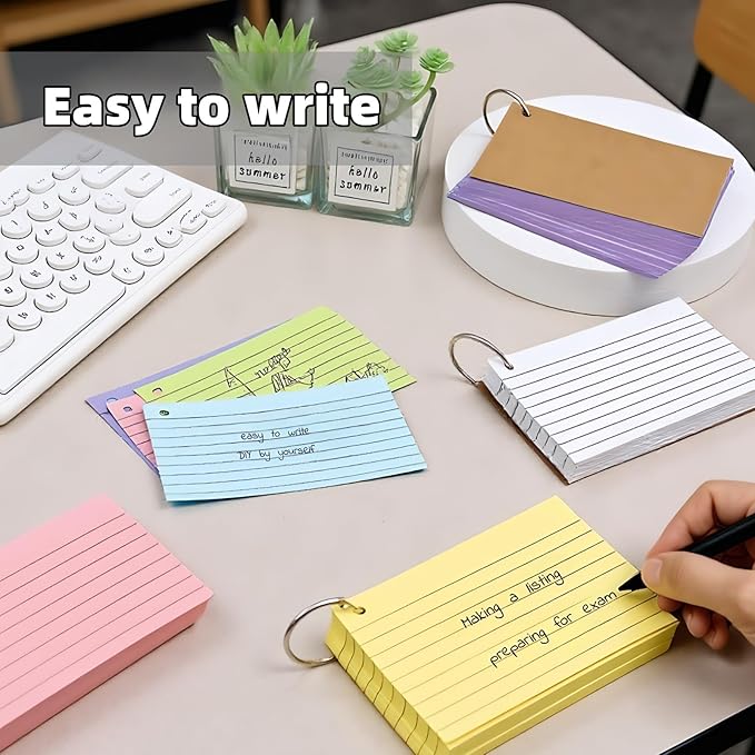 250 Count 3 x 5 Inch Colorful Index Cards, Heavy Duty Neon 250 Sheets Lined Flashcards for Studying, Office & Home Use (Multicolored with Ring B)