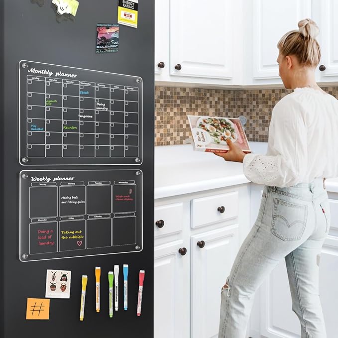 WALGLASS Acrylic Calendar for Fridge, Monthly Clear Acrylic Magnetic Dry Erase Board for Refrigerator, Set of 2 Stronger-Magnetic Reusable Fridge Planner, Includes 6 Liquid Chalk Markers