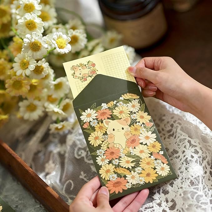48 Pcs Stationery Paper Envelopes Set Includes 24 Lined Writing Paper & 12 Envelopes with 12 Stickers, Cute Cat Animal Love Letter Writing and Stationery Paper Envelopes(4Style)