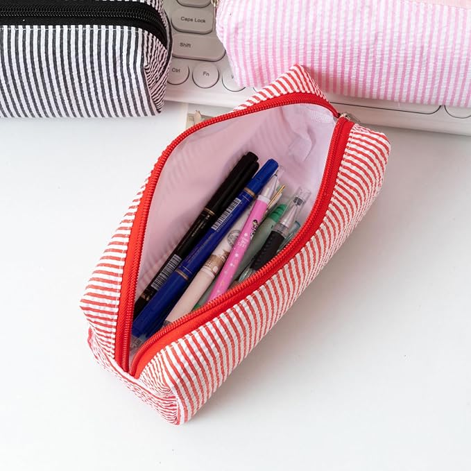 Cute Large Capacity Pencil Case | Aesthetic Striped Pencil Pouch for Office Supplies Organizer (Orange)