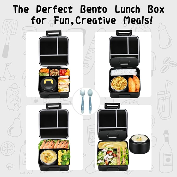 JXXM Bento Lunch Box for Kids With 8oz Soup Thermo,Leak-proof Lunch Containers with 5 Compartment,Thermo Food Jar and Lunch Bag, Food Containers for School (A-Black(Circumnavigate Space))