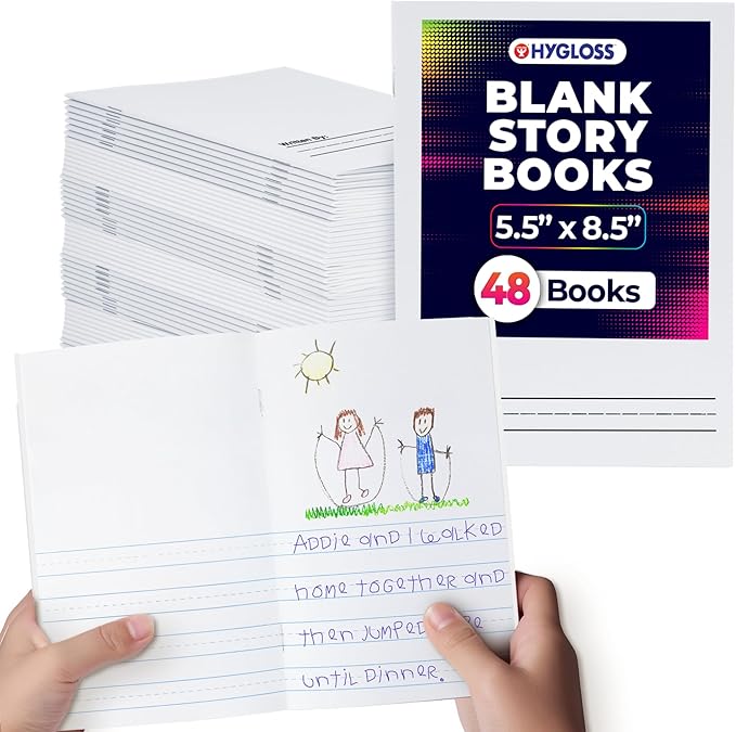 Hygloss Half Blank Books for Kids to Write Stories & Illustrate – Bulk 48 Pack – 5.5" x 8.5" A5 – Primary Journal for Grades K-2, Preschool/Kindergarten Notebook with Picture Space – 24 Pages, White