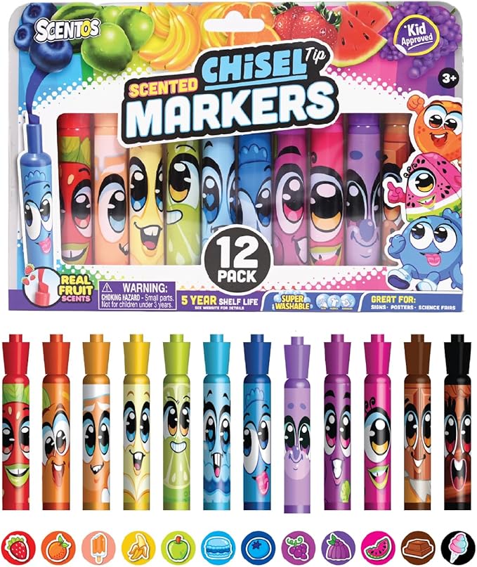 Scentos Scented Chisel Tip Markers 12 Pack, With Fruit Scent, 12 Assorted Colors, Different Fruity Each, Washable Markers, Marker for Kids, for Posters and Science Fairs, Super Washable Ink.