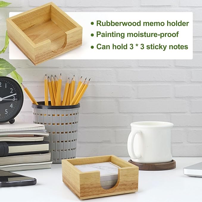 MultiBey Rubberwood Sticky Note Holder - Handcrafted Solid Wood Note Dispenser with Sheets, U-Shaped Easy Access Design & Non-Slip Base for Minimalist Office Desk Decor (3x3 inch)