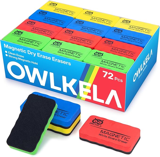 OWLKELA 72Pcs White Board Erasers, Magnetic Dry Erase Eraser Ideal for School, Office, Classroom and Home, 4 Colors