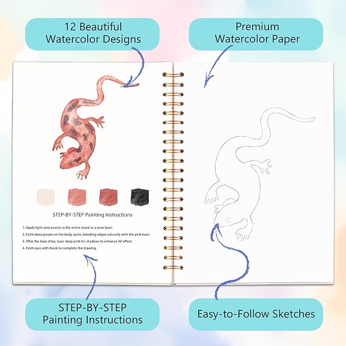 Easy Watercolor Workbook for Beginners - 12 Beautiful Step-by-Step Paintings Water Coloring Book, Includes 16 Colors Paints, Relaxing Art Projects and Creative Gift for Adults & Teen (Lizards)