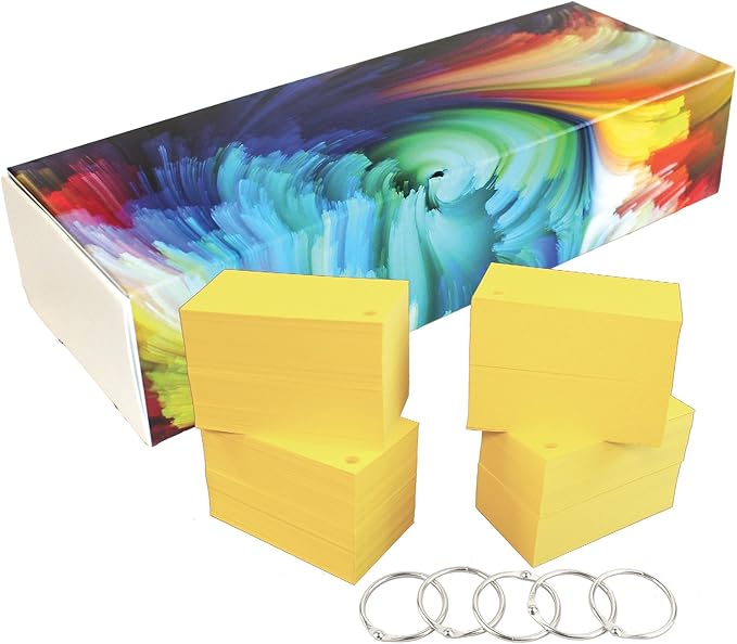 Debra Dale Designs - 560 Small Blank Study Flash Cards - Single Hole Punched - 5 Metal Binder Rings - 2" x 3.5" - 100# Bright Sun Yellow Heavy Cardstock - Storage Dispenser Box Attached Lid