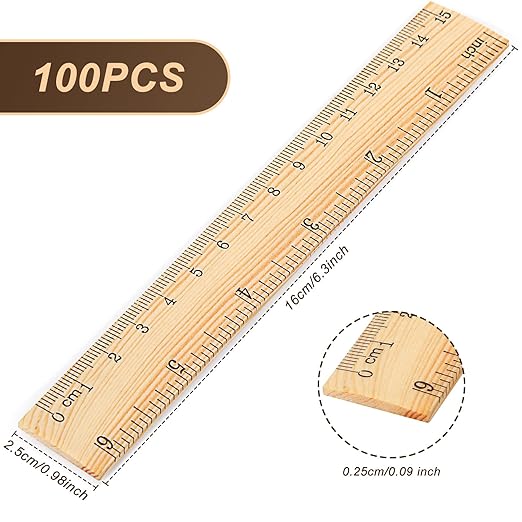 Zonon 100 Pcs Wooden Ruler Bulk Wood Measuring Ruler Office 2 Scale for School Education Families Kids Students (6 Inch)