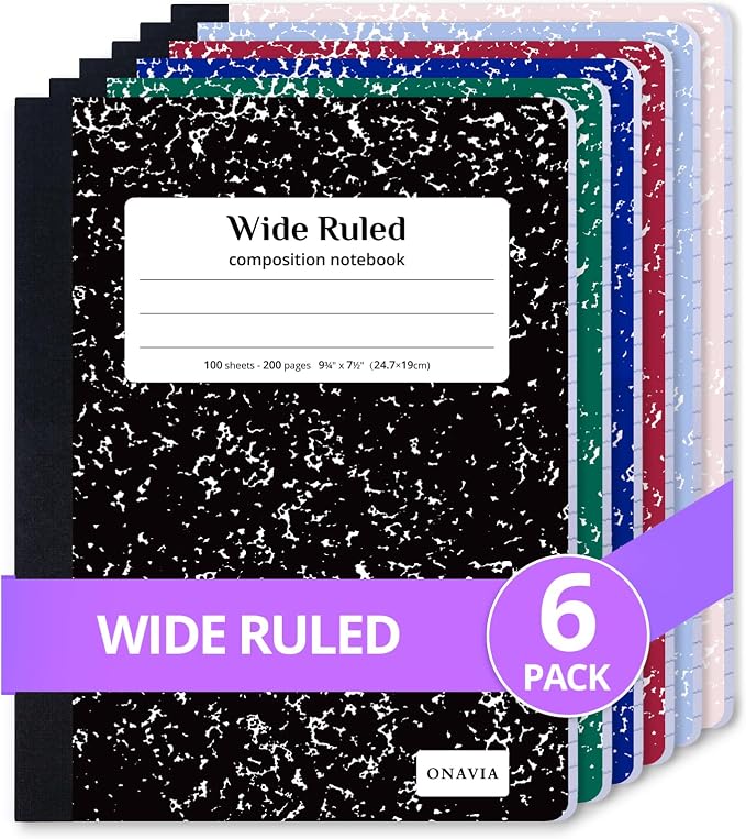 ONAVIA Composition Notebook Wide Ruled 6 Pack, 200 Pages, Assorted