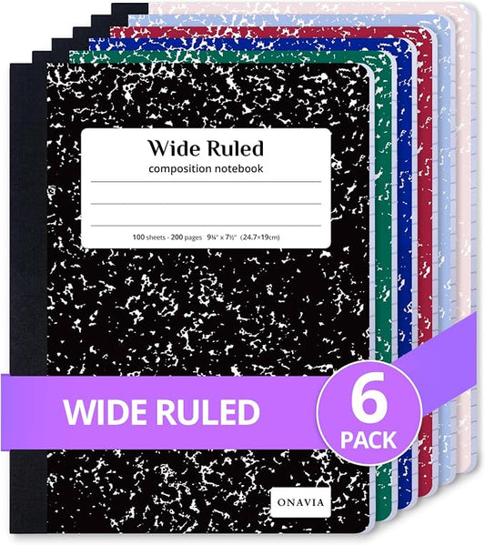 ONAVIA Composition Notebook Wide Ruled 6 Pack, 200 Pages, Assorted