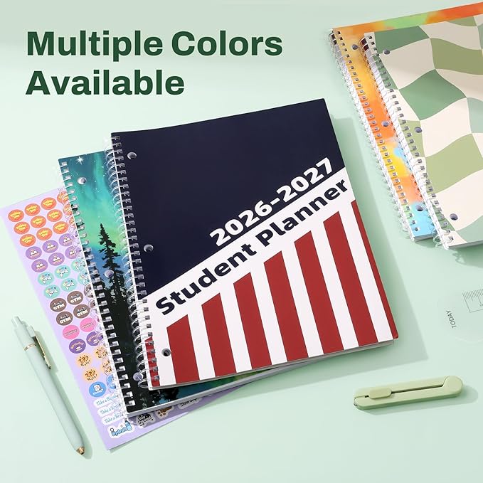 Student Planner 2026-2027, SUNEE Middle or High School Student Planner for Academic Year Jul. 2026 - Jun. 2027, 8.5"×11" Lesson Plan Book with 3-Hole Punched, Bookmark, Planning Stickers, Green Waves