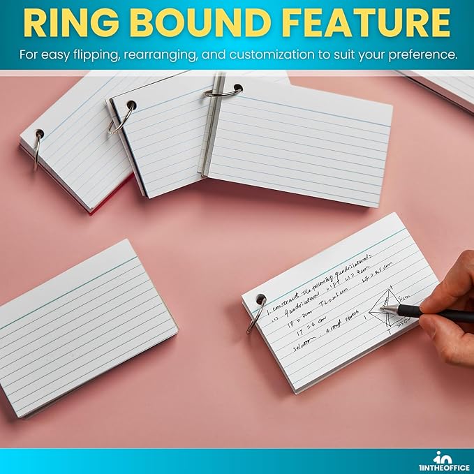 1InTheOffice Index Cards with Ring 3x5, Flash Cards with Binder Ring, Single Hole Punched Notecards, White, 100 Cards
