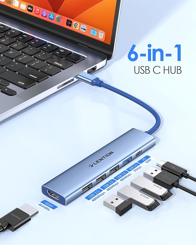 LENTION USB C Hub Multiport Adapter with 100W PD Charging, 4K HDMI, 4 USB-A Data Ports, Type C Hub for 2016-2026 MacBook Pro/Air/Neo, Surface, Chromebook, USB Splitter for iPhone 15-17(CH17, Blue)