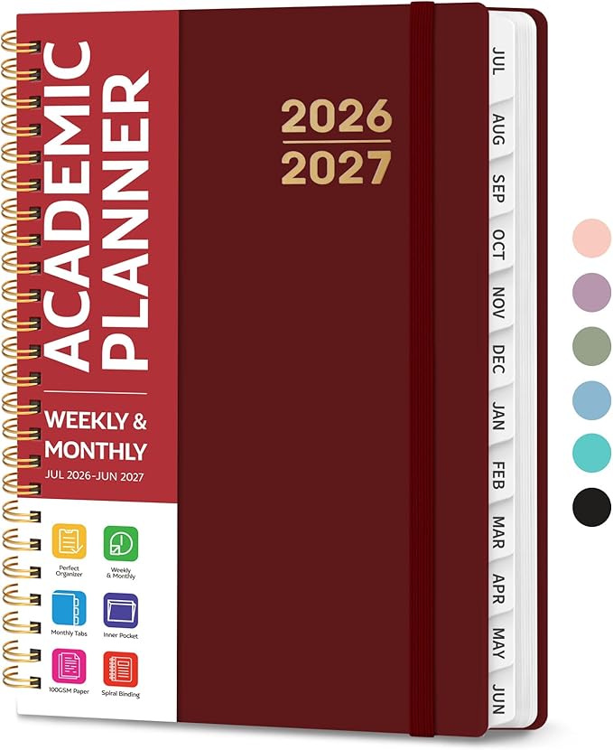 Planner 2026-2027 for Women & Men, Academic Monthly and Weekly Calendar Planner, Jul 2026 - Jun 2027, A5 (6.3" x 8.5"), Teacher Student Planning Book with Tabs, Ideal for Office School Supplies - Burgundy