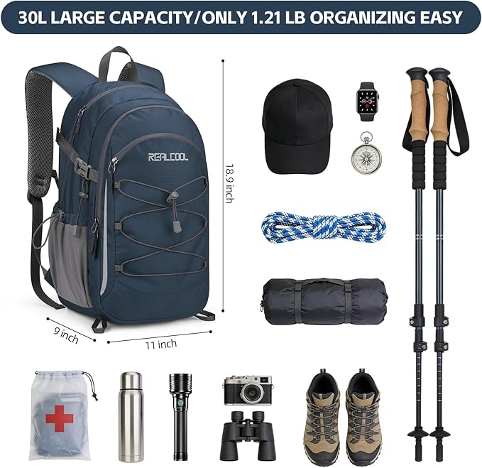 RealCool 30L Lightweight Hiking Backpack, Waterproof Daypack for Camping | 210D tear-resistant nylon, breathable shoulder and back panel, Multi-Compartment,hydration system,reflective strip,bungee net