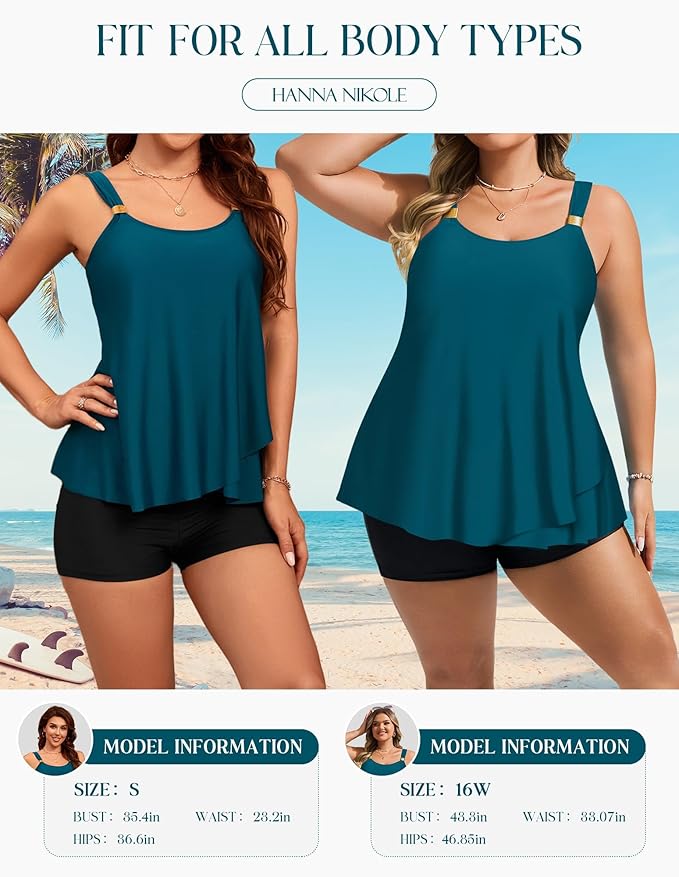Hanna Nikole Womens Tankini Swimsuits 2 Piece Bathing Suit Flowy Ruffle Tankini Tops with Swim Shorts