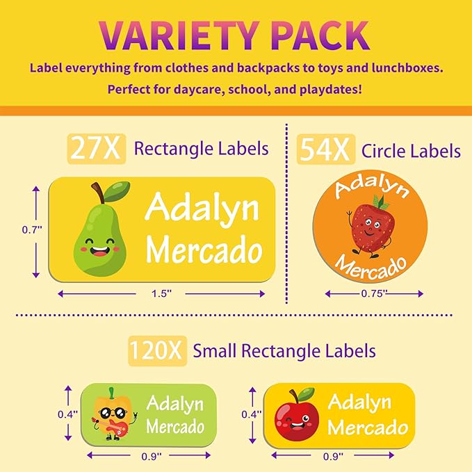 Custom Personalized Name Labels for Kids-(200-1000Labels) Waterproof Name Stickers Tags for School&Daycare,Clothing Tags,Washable&Durable Labels for Lunch Boxes, Bottles,Toys&GEA (Fruit)