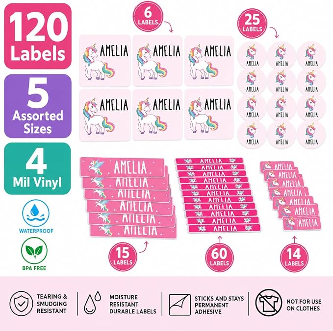 Andaz Press Custom Personalized Waterproof School Name Labels, Unicorn, 120-Pack, Kids Labels Combo Pack, Customizable Multi-Use Name Stickers Personalized Name Stickers Back to School Supplies