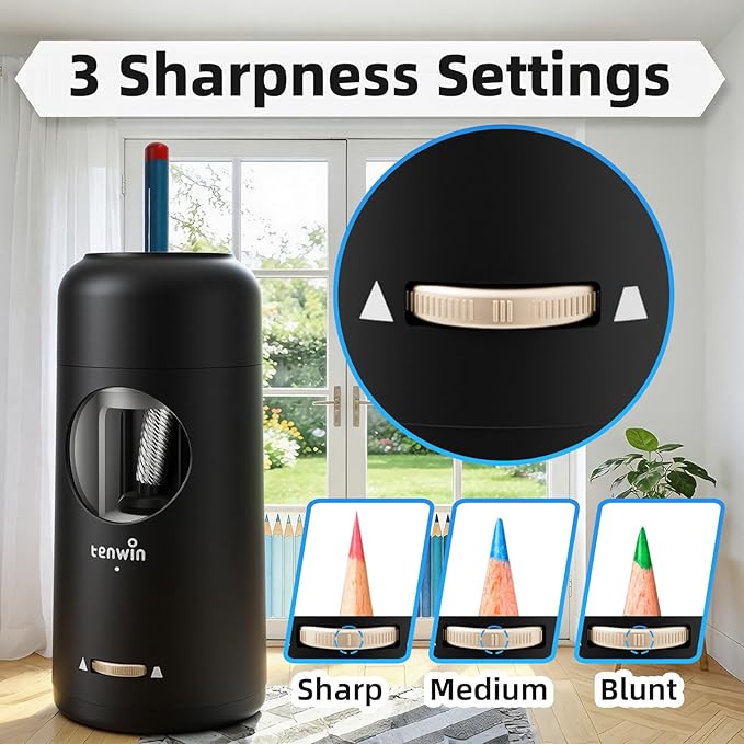 tenwin Rechargeable Electric Pencil Sharpener, Fully Automatic Pencil Sharpener for 7-11.5mm Pencils, Hands-Free Sharpener for Colored Pencils, Auto in&Out, Adjustable Pencil Nibs, Black