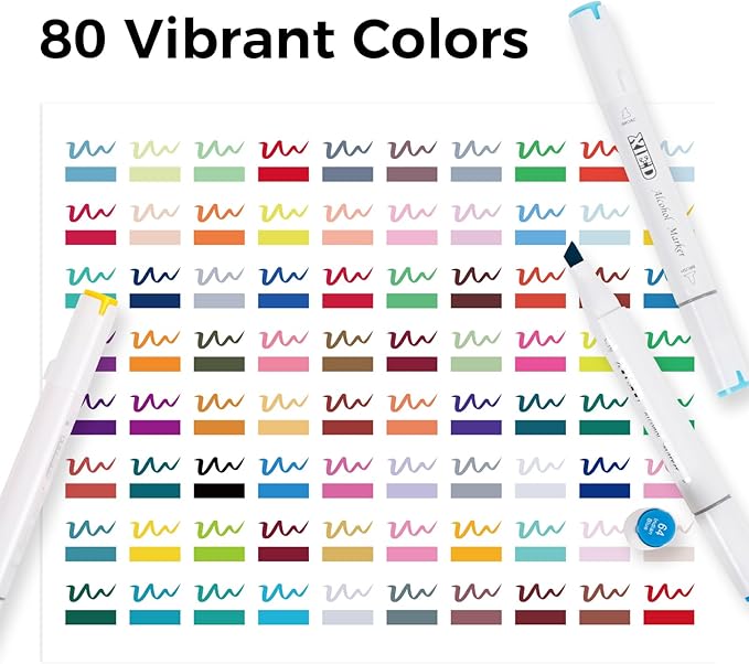 Alcohol Markers, 80 Colors Chisel & Brush Tip Coloring Markers Set, Double Tipped Markers Set for Artist Adults Coloring or Drawing