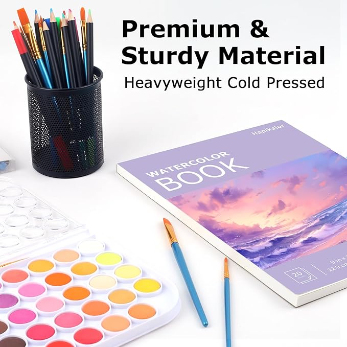 Watercolor Paper Pad 9x12, 140lb/300gsm Cold Press Drawing Paper, 20 Sheets Acid-Free Artist Sketchbook for Wet Media, Gouache & Acrylic, Double Sided Painting Paper (Purple Cover)