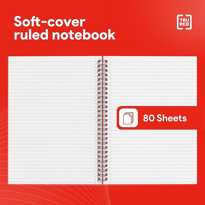 TRU RED Medium Soft Cover Lined Notebook, Wirebound, Perforated, 80 Sheets, Interior Pocket
